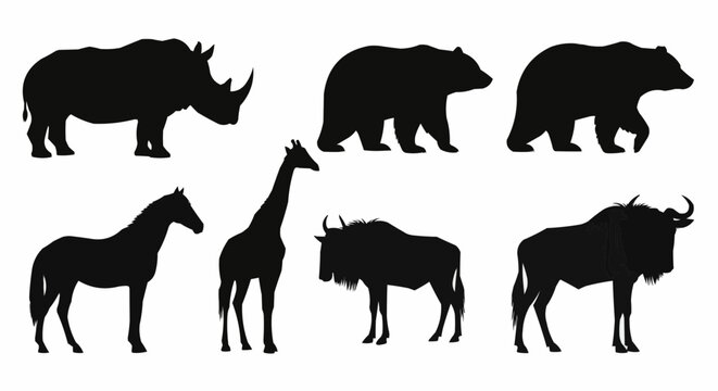 Silhouette illustrations of a rhino, two bears, a horse, giraffe, and two wildebeests animals