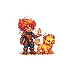 pixel art fire mage character with fiery lion pet fantasy