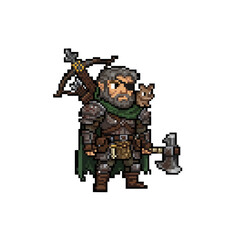 Naklejka premium pixel art dwarven veteran warrior with axe crossbow and eyepatch