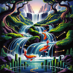 Vibrant Waterfall Landscape with Koi Fish, Flowing Streams, Financial Graphs, and Rising Arrow Charts in Lush Nature