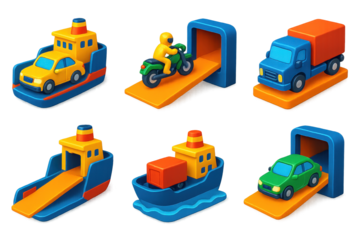 3D Ferry Icon Set. 3D icon set of vehicle ferries: car deck, motorcycle loading, truck boarding, ferry ramp, cargo ferry, vehicle