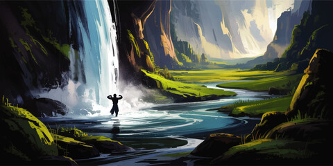 Majestic Waterfall in Lush Green Valley With Lone Adventurer Illustrative Landscape, Scenic River, and Sunlit Cliffs
