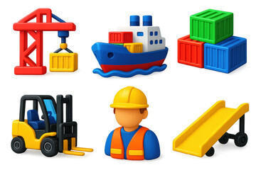 Naklejka premium Vibrant Seaport Icon Set. 3D icon set of seaport logistics: container crane, cargo ferry, stacked containers, forklift, dock