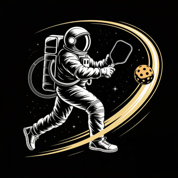 White line art astronaut in spacesuit dynamically hitting pickleball with paddle amid motion trails and stars on black void