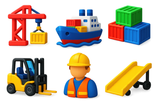 Vibrant Seaport Icon Set. 3D icon set of seaport logistics: container crane, cargo ferry, stacked containers, forklift, dock