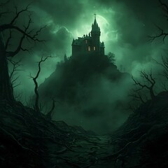 Gothic Castle on Cliff with Giant Green Moon and Flying Bats