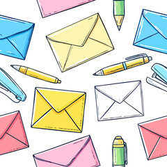 Colorful hand-drawn stationery pattern with envelopes, pens, pencils, staplers, and highlighters. Perfect for school, office, packaging, education, and creative workspace-themed designs.