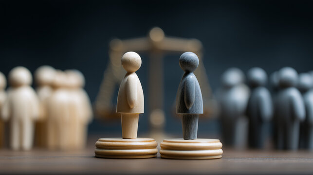 Decentralized justice concept: two figures face off before a jury and scales of justice, representing DAO dispute resolution.