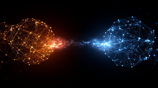 Two distinct glowing DAO networks connecting via a bridge of light, representing collaboration and interoperability.