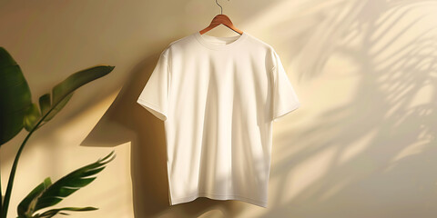 Clean white t-shirt hanging on a wooden hanger against a warm wall with dappled sunlight and plant shadows.
