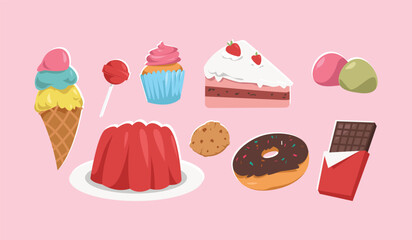 Cute colorful sweet foods. Ice cream, lollipop, cupcake, cake, mochi, jelly, cookies, donut, and chocolate. Vector illustration cartoon style.