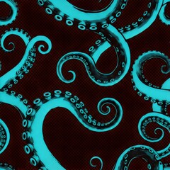 Seamless pattern with glowing turquoise octopus tentacles on dark background.