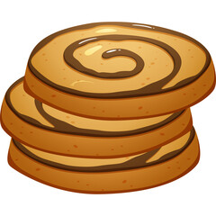 Stack Of Four Cinnamon Swirl Cookies With Brown Icing On Top And Light Brown Cookie Dough With Visible Speckles And A White Transparent Background With Soft Lighting