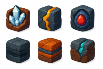 Mineral Vein Icons. 3D icon set of mineral veins and deposits: quartz crystal pocket, gold vein in rock, iron ore layer, gemstone