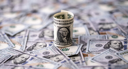 Money background with one-dollar and hundred-dollar bills. US currency and money concept. 1 USD and...