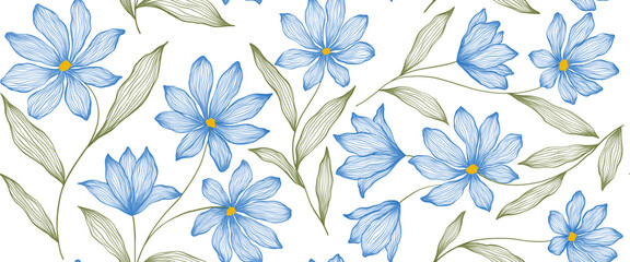 Leaves branch and Hand Drawn doodle Scribble floral plants banner, seamless pattern. Creative minimalist Abstract art background. Design wall decoration, postcard, poster and brochure