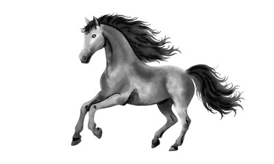 Wet watercolor black and white galloping horse in a dynamic pose. Symbol of the Chinese New Year 2026. Design element for postcards, cards, invitations, calendar for 2026
