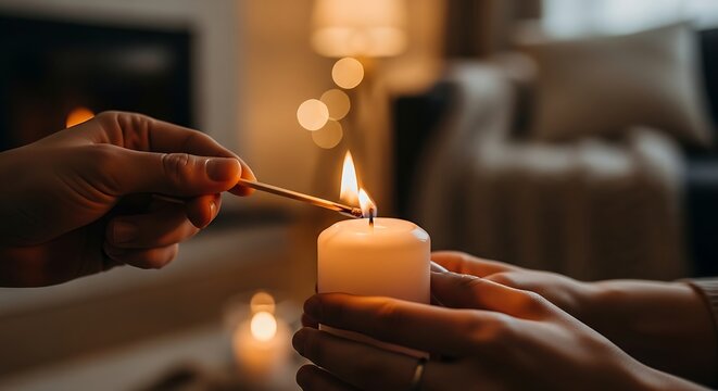 Candlelit Harmony: A tender moment unfolds as two hands, one gently guiding, the other striking the match, igniting a candle flame. Soft light illuminates a scene of warmth and intimacy.