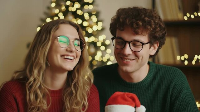 Podcast Christmas Theme, Joyful Celebration of Couples Laughter and Smiles in Cozy Holiday Scene by Christmas Tree