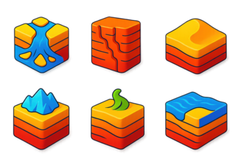 Earth Layer Icons. 3D icon set of erosion and deposition layers: river delta buildup, canyon wall erosion lines, dune
