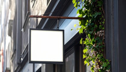 Blank white signboard mockup. Empty illuminated shop lightbox template mounted on wall. Mock up of illuminated blank signboard. Place for text, outdoor advertising, banner.