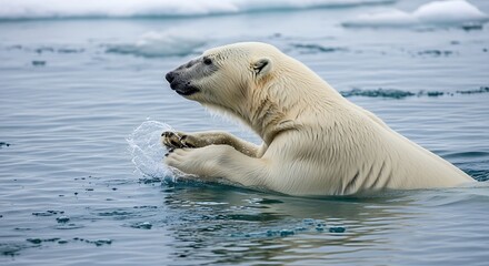 Naklejka premium Polar Bear in the Arctic Waters: A majestic polar bear navigates the icy waters of the Arctic, embodying the resilience of nature in the face of environmental challenges.