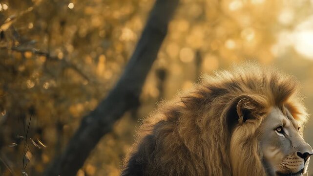 The lion sits majestically in a golden landscape, showcasing its large mane and calm demeanor. This lion's presence in the serene environment highlights the beauty of wildlife.