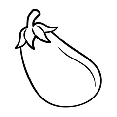 Vector line art illustration of purple eggplant in black and white, featuring smooth curves and stem details, ideal for botanical drawings, coloring pages, or farm-themed designs.