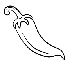 Vector line art illustration of chilli in black and white, showing slender curved shape and stem details, ideal for spice drawings, botanical art, or culinary design themes.