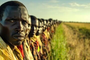Men in traditional attire participate in a cultural event in an African landscape during sunset