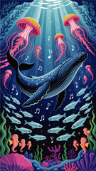 Obraz premium Vibrant Underwater Illustration with Singing Whale, Jellyfish, Fish, Seahorses, Coral Reef and Sunlight Rays