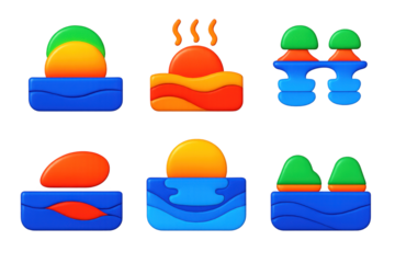 Optical Illusion Icons. 3D icon set of optical sky illusions: green flash at sunset, mirage shimmer, superior mirage, distorted