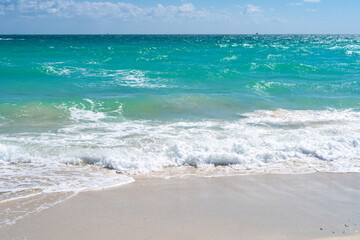 Sea wave. Blue ocean waves. Foamy wave. Rolling sea beach waves. Gentle sea beach wave. Summer sea beach.