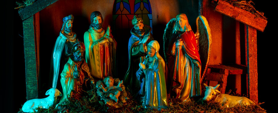 Bethlehem. Nativity scene. Christmas Christian nativity scene with Jesus in the manger, kings, farm animals and star of Bethlehem.