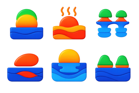 Optical Illusion Icons. 3D icon set of optical sky illusions: green flash at sunset, mirage shimmer, superior mirage, distorted