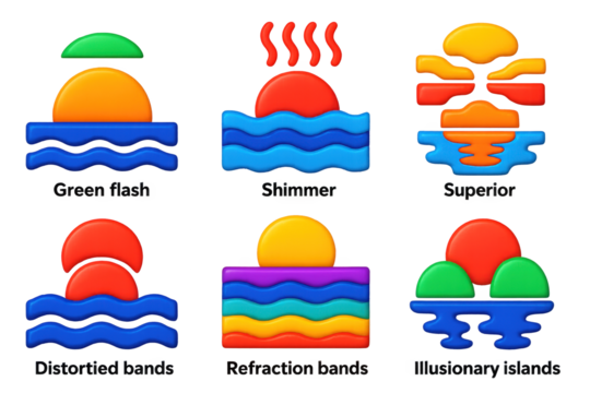 Optical Illusion Icons. 3D icon set of optical sky illusions: green flash at sunset, mirage shimmer, superior mirage, distorted