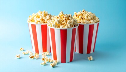 Fresh popcorn in striped cups on a vibrant blue backdrop, ready for movie night entertainment
