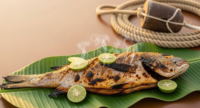 Whole Bahraini Samak Mashwi &ndash; Grilled Hamour Fish with Lime & Spices on Banana Leaf, Dhow Rope & Pearl Diving Weight in Coastal Sunset Light