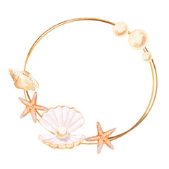 Feminine Ocean Circle Frame of Seashell, and Starfish on Golden Ring.
