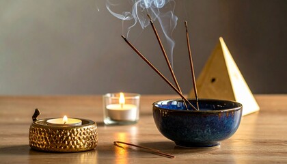 Serene ambiance featuring incense, candles, and a minimalist golden pyramid, for peace