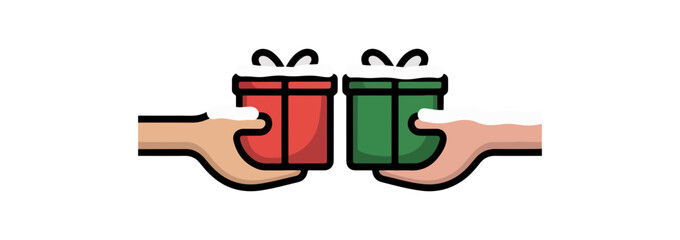 Fototapeta premium Illustration of two hands holding red and green gift boxes with snow in vector style