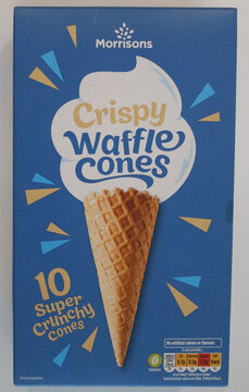 Norwich, England: October 26 2025 Morrisons crispy waffle cones packaging front and back view