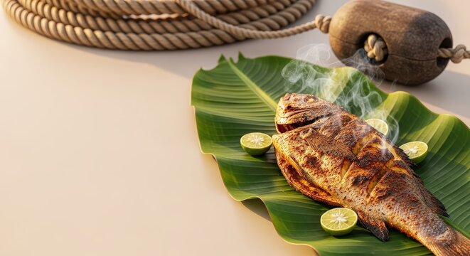 Whole Bahraini Samak Mashwi &ndash; Grilled Hamour Fish with Lime & Spices on Banana Leaf, Dhow Rope & Pearl Diving Weight in Coastal Sunset Light
