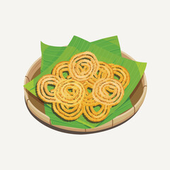 Vector illustration of Murukku, an Indian traditional snacks served with banana leaves on bamboo plate 