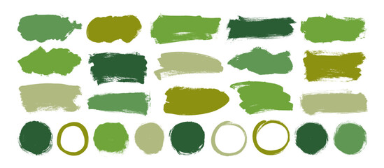 Organic brush drawn circle tag, green horizontal brush stokes and underlines. Eco label design, organic badges and stickers for eco-friendly graphics, handmade ecology products.