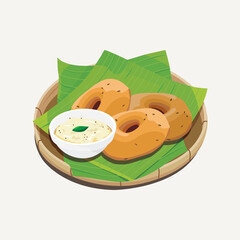 Vector Illustration of Indian Snack, Vada or Vadai with chutney served with banana leaves on bamboo plate 