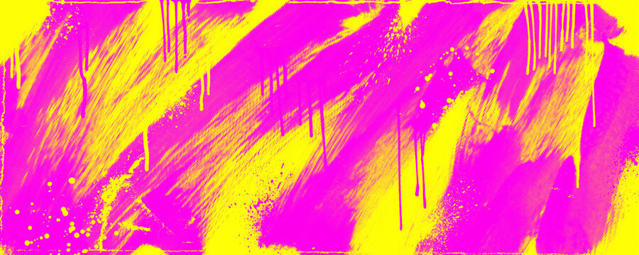 Neon pink yellow distressed punk background with graffiti paint drips. Spraypaint bg with punk neon aerosol texture and urban street art halftone effect for posters or vector urban designs.