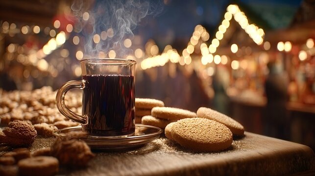 Steaming glass of red mulled wine and gingerbread cookies on a wooden table, capturing the warm and festive atmosphere of a winter christmas market night