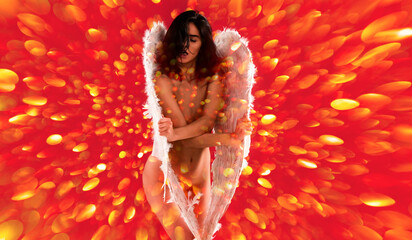 Angelic woman with wings. Beauty sexy nude woman with angel wings. Sensual angel for valentines day. Love valentine. Sexy naked woman body cover feather wings. Sensual beauty female model angel.