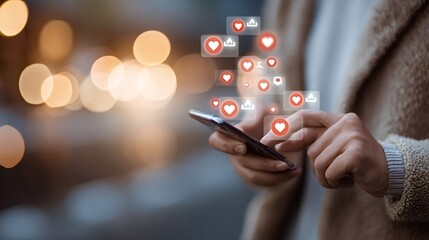 Hands holding a smartphone, interacting with a social media application and receiving numerous heart icons and download notifications, representing online engagement and connection